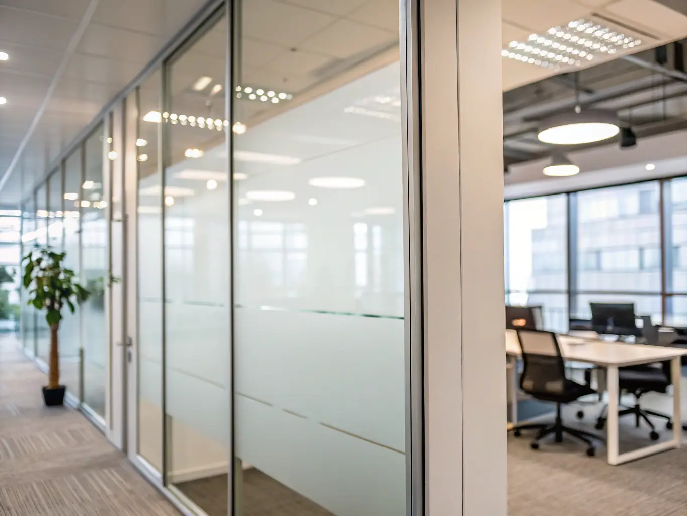 A modern office space featuring a glass wall that transitions from transparent to opaque with a smooth, elegant effect, showcasing the instant privacy feature of FYLM's PDLC film.