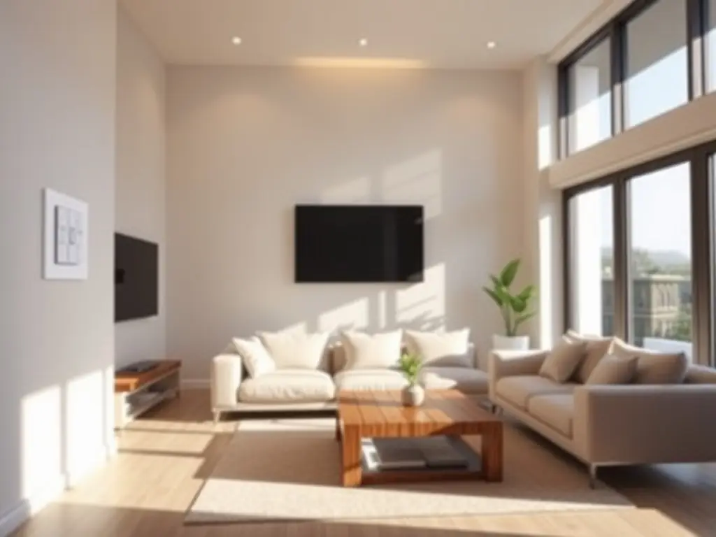 A modern living room with smart glass windows controlled via a wall-mounted remote and integrated into a smart home system.