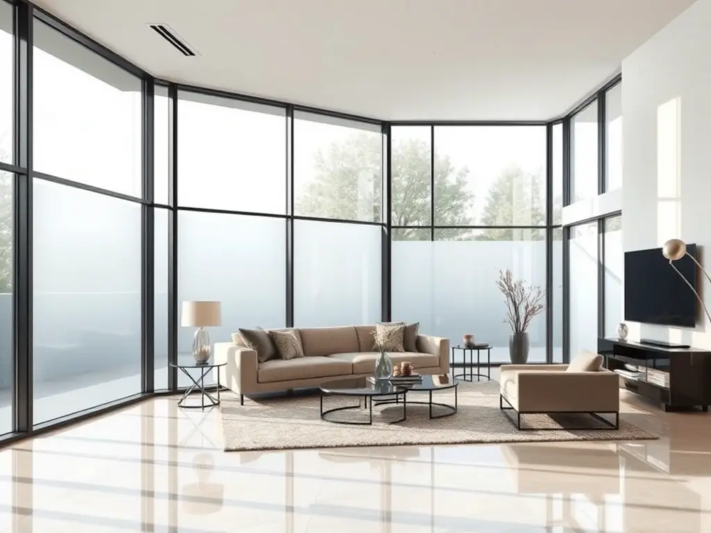A modern living room featuring smart glass windows controlled via a smartphone app, demonstrating the Tuya/home automation integration capabilities of FYLM's PDLC films.