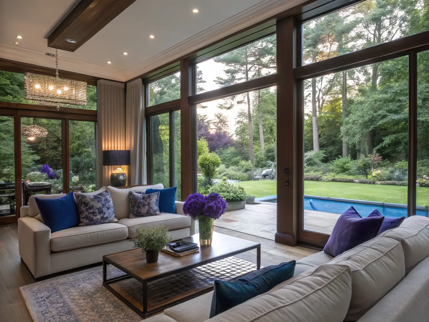 A modern living room featuring large windows retrofitted with FYLM PDLC film, showcasing a seamless transition from transparent to opaque for enhanced privacy. The room is bathed in natural light, highlighting the film's clarity when transparent.